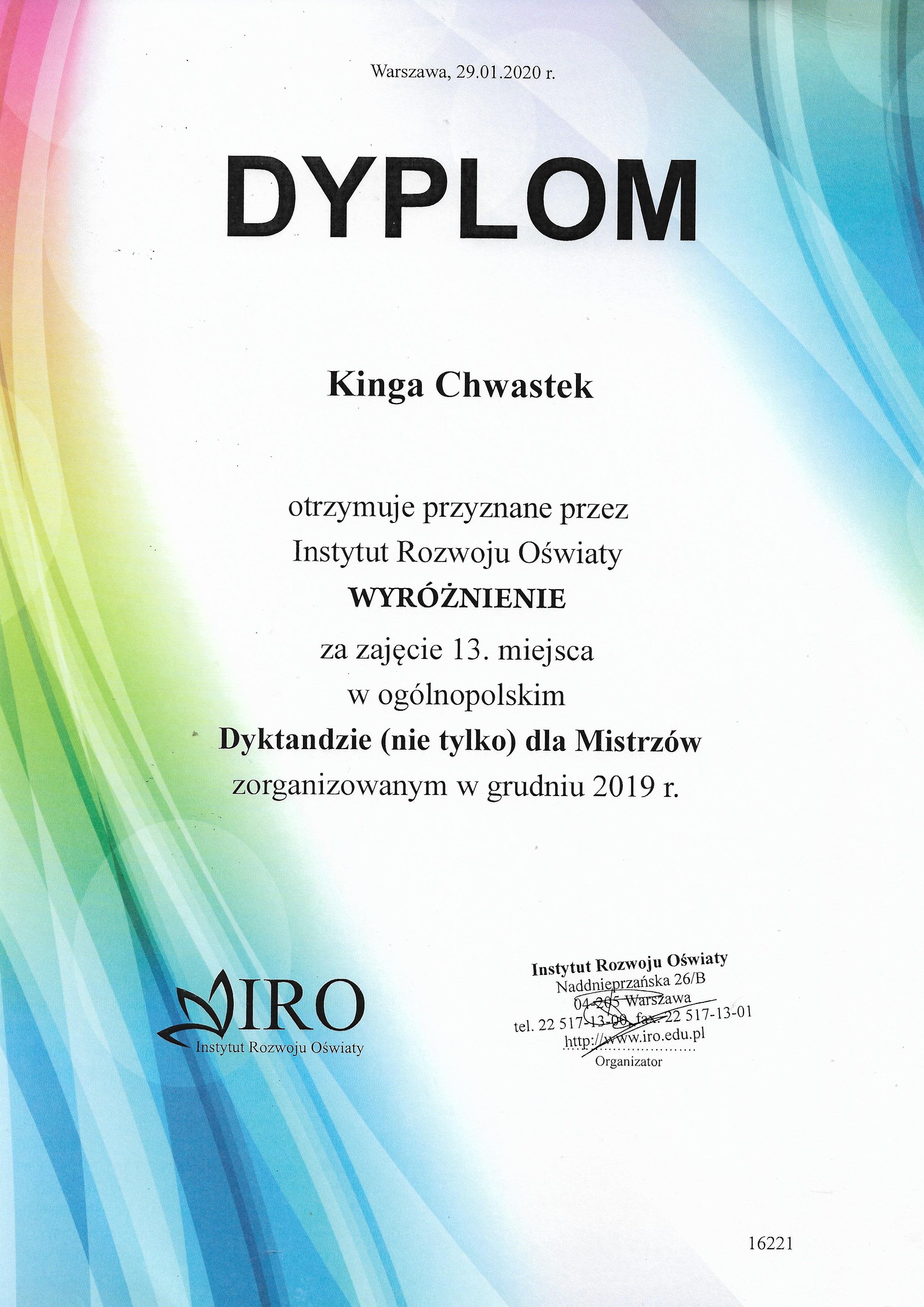 dyplom dyktanda dla mistrza K Chwastek